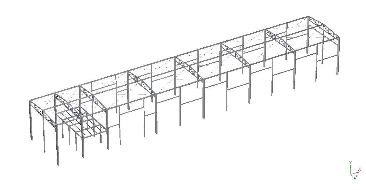 Modelo tridimensional de galpón industrial en estructura metálica