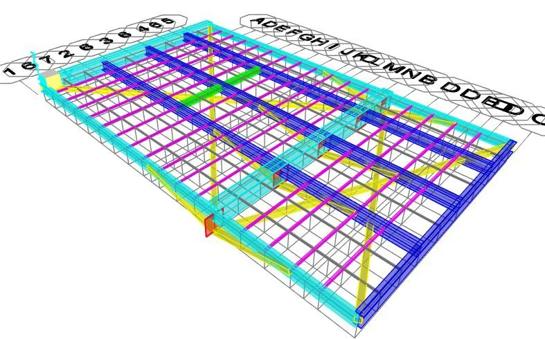 Modelo de sistema estructural metálico con elementos y perfiles diferenciados por colores