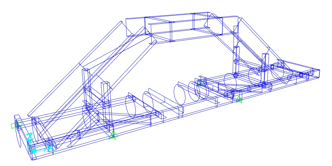 Modelo tridimensional de sistema metálico industrial con perfiles de acero